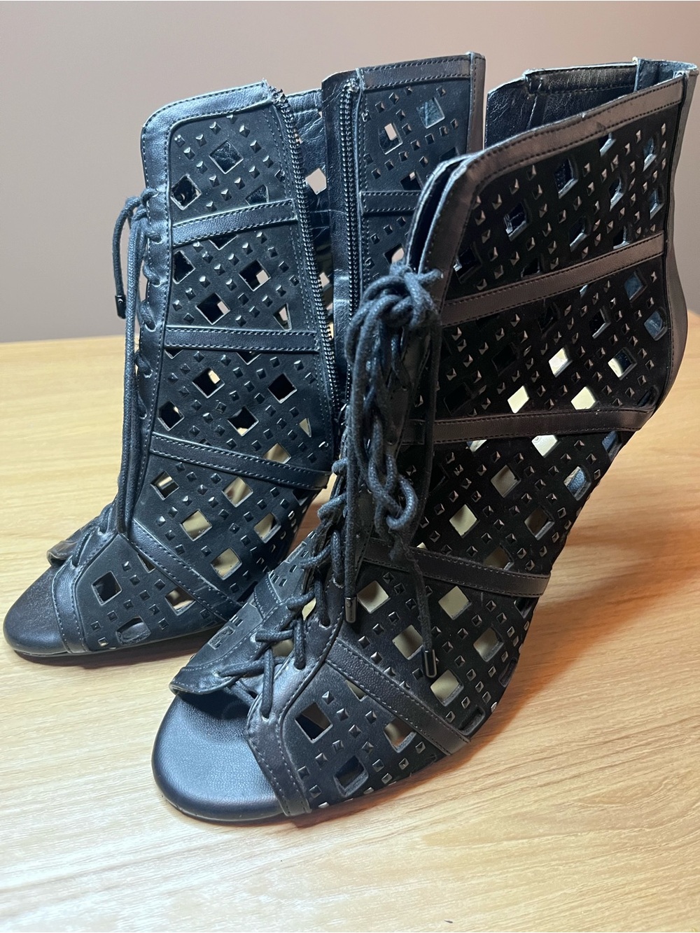 Gianni Bini Black Cut-Out Lace-Up Heeled Ankle Boots